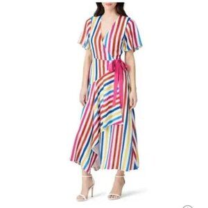 Color Me Courtney Taira Wrap Dress Striped Colorful Maxi Short Sleeves Womens XS